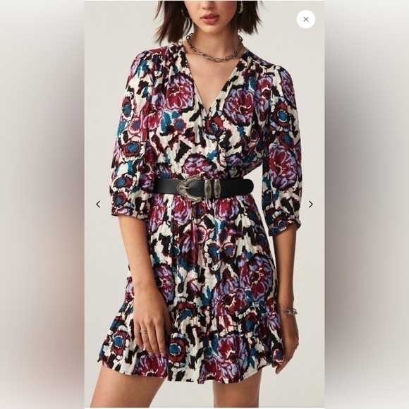 NEW w/TAGS Ba&sh Gulia Floral Mini Deep V-Neck Three Quarter Sleeve Dress Size 6 - Picture 1 of 14